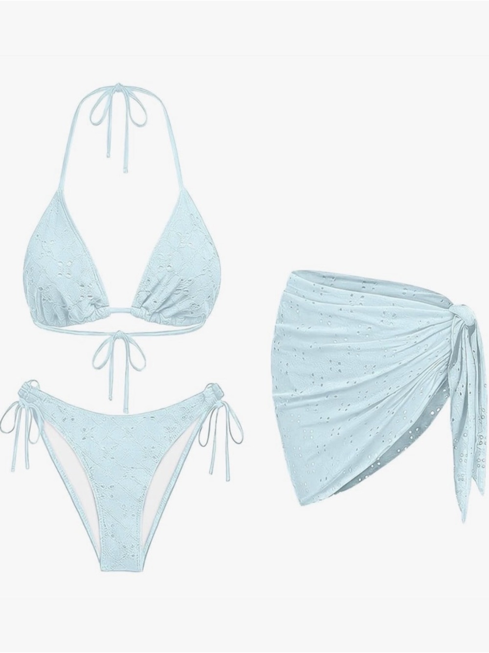 Light Blue Eyelet Triangle Bikini Set with Matching Sarong